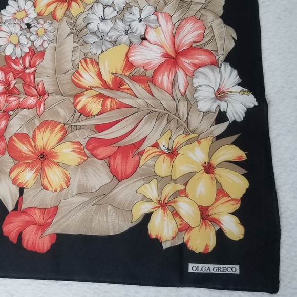 Vintage Olga Greco Tropical Floral Print Black Scarf - Picture 4 of 9